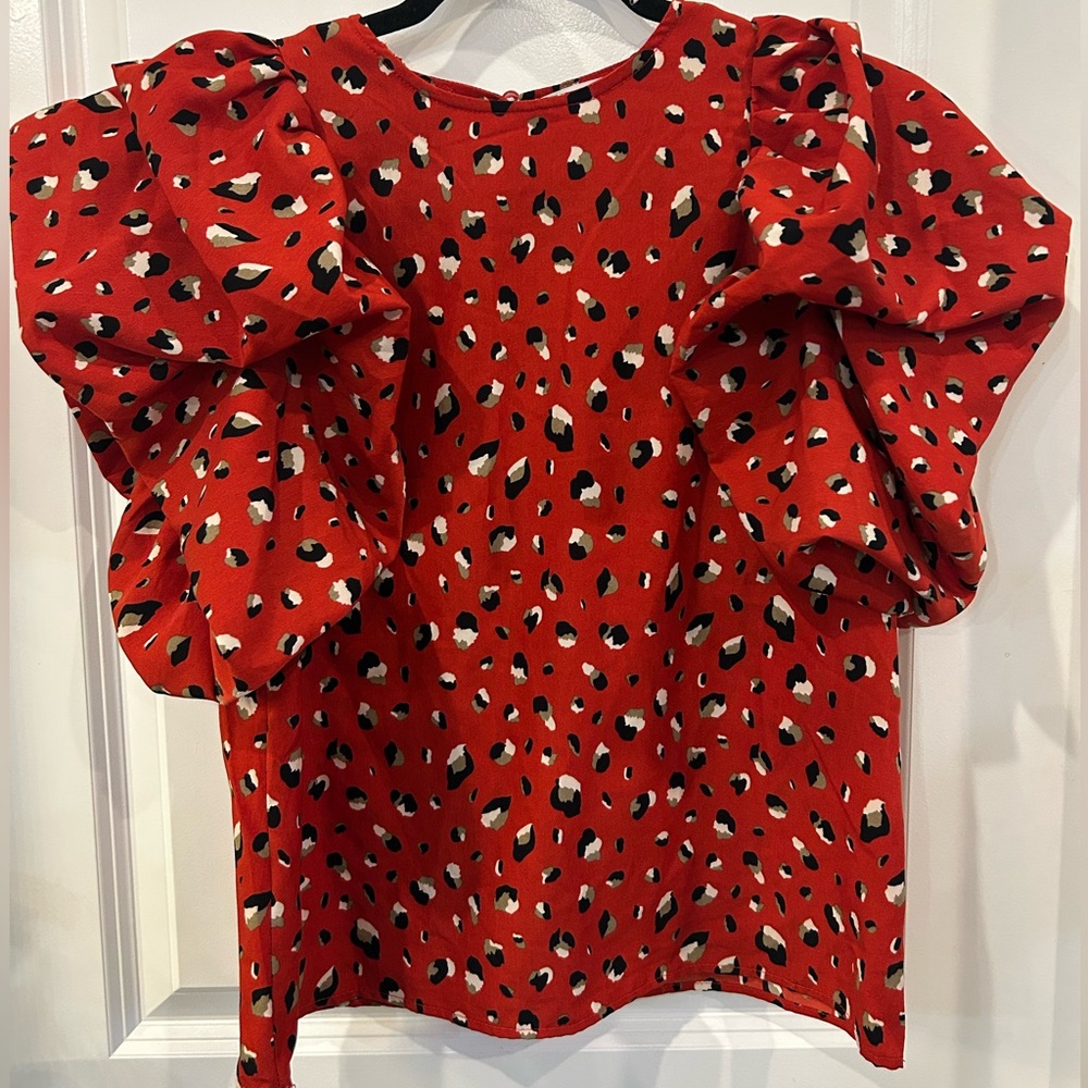 Anthropologie THML Red Animal Print Ruffle Sleeve Blouse Size XS‎